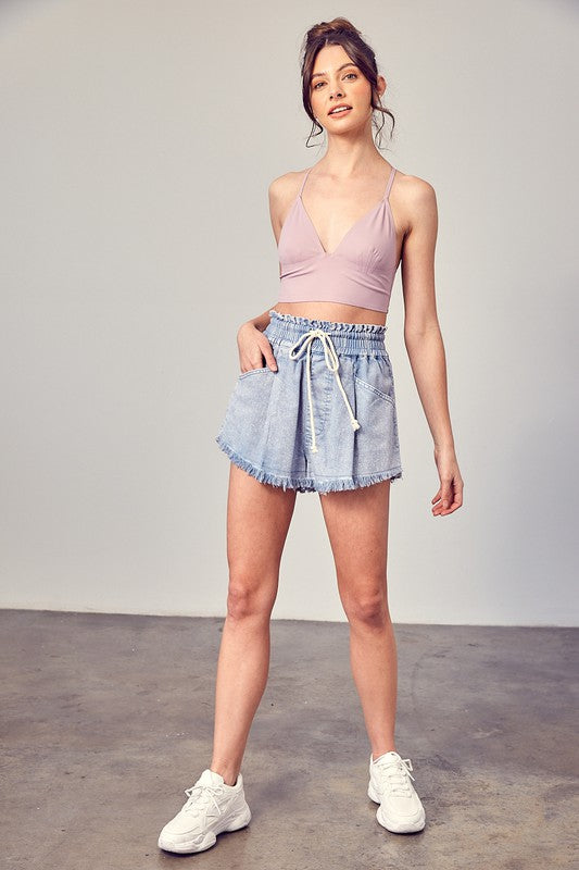 Wide Waistband Destroyed Frayed Denim Shorts