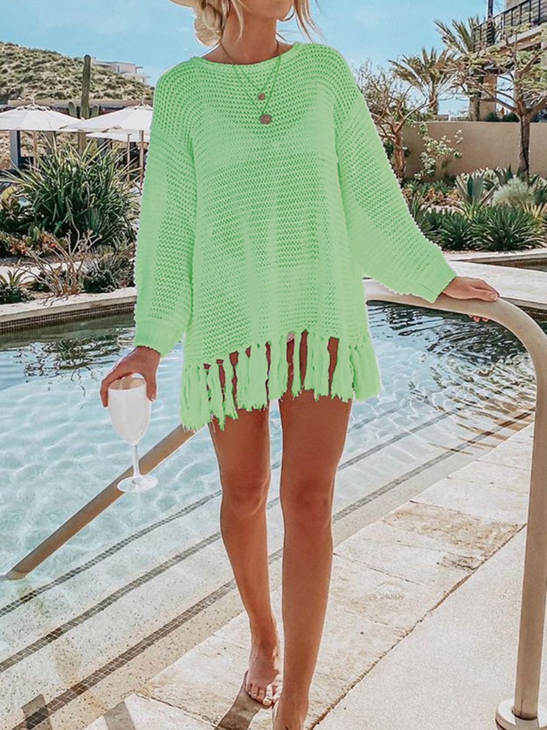 Openwork Tassel Hem Long Sleeve Knit Cover Up