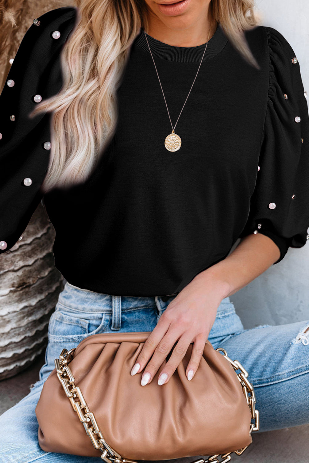 Pearl Detail Round Neck Half Sleeve Blouse