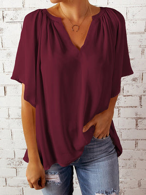 Ruched Notched Half Sleeve Blouse