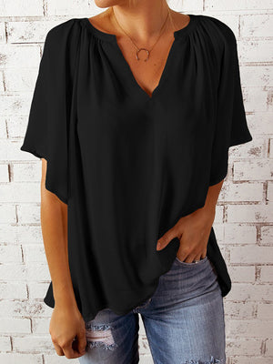 Ruched Notched Half Sleeve Blouse