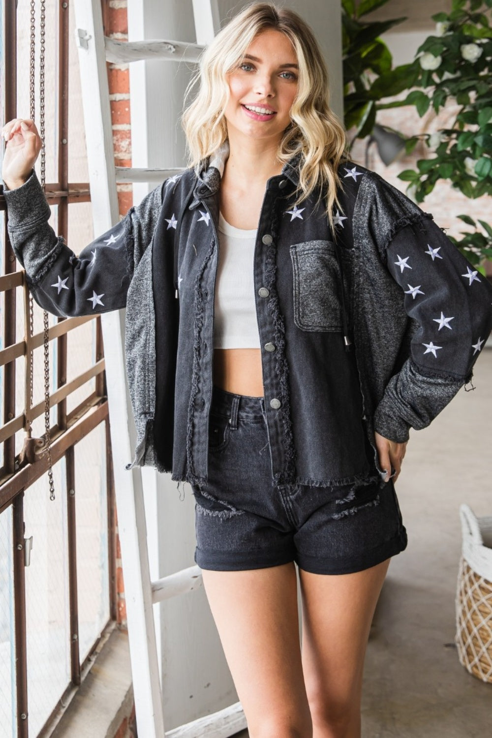 Vervet Star Embroidered Hooded Denim Jacket