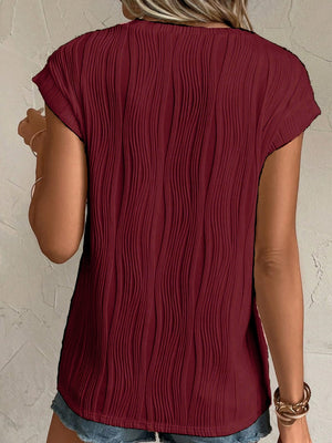 Textured Round Neck Cap Sleeve T-Shirt