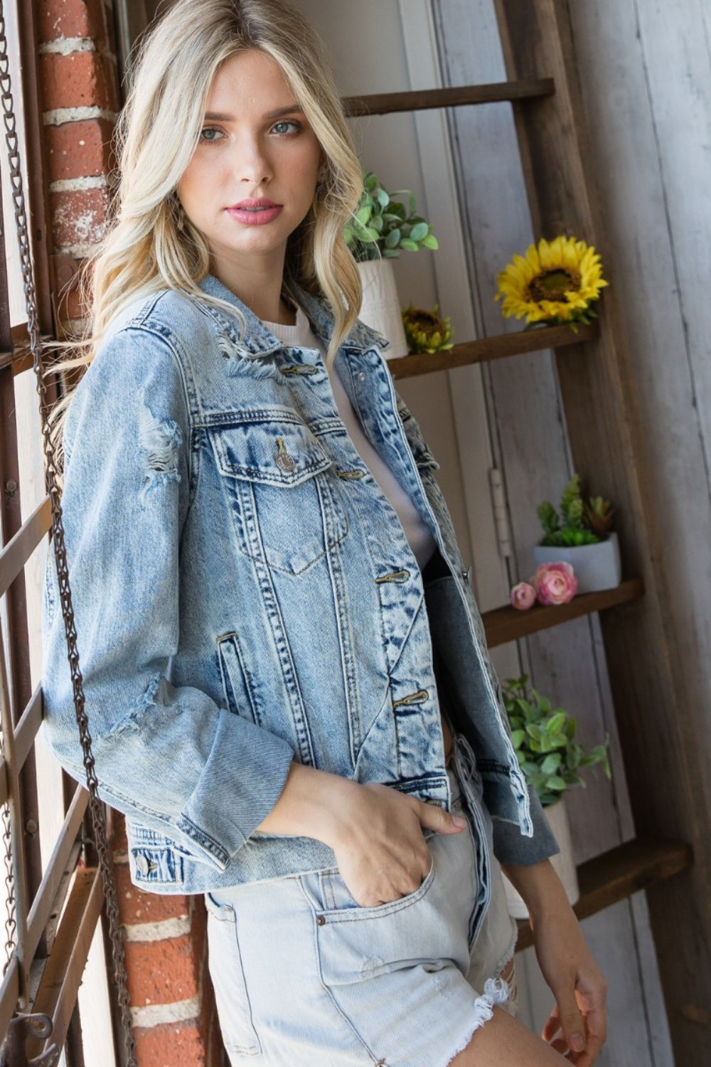 Vervet Distressed Button Up Denim Jacket