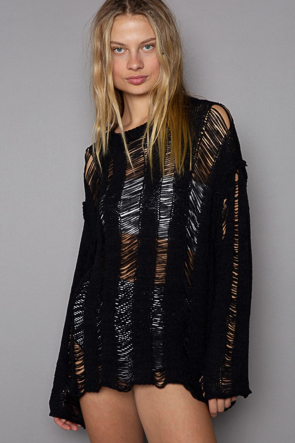 Distressed Round Neck Long Sleeve Knit Cover Up