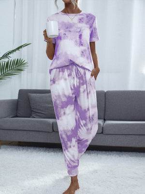 Tie-Dye Round Neck Top and Pants Lounge Set