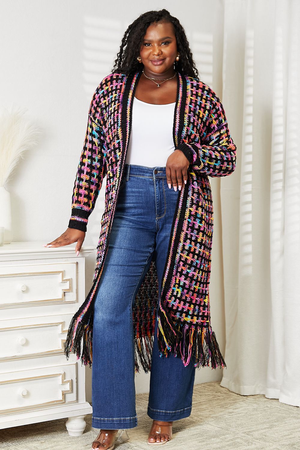 Double Take Full Size Multicolored Open Front Fringe Hem Cardigan