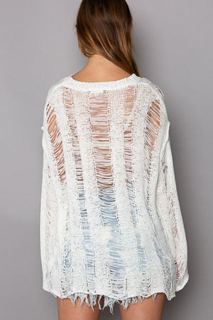 Distressed Round Neck Long Sleeve Knit Cover Up