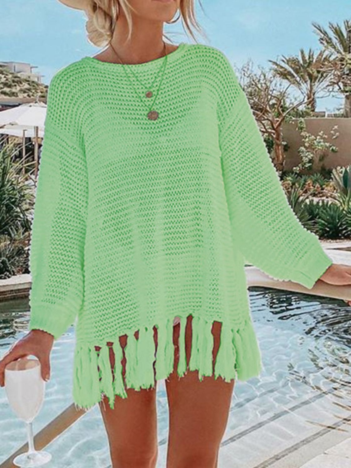 Openwork Tassel Hem Long Sleeve Knit Cover Up