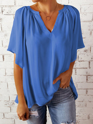 Ruched Notched Half Sleeve Blouse