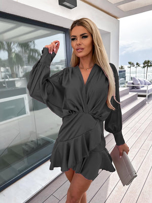 Surplice Ruffle Hem Lantern Sleeve Mini Dress