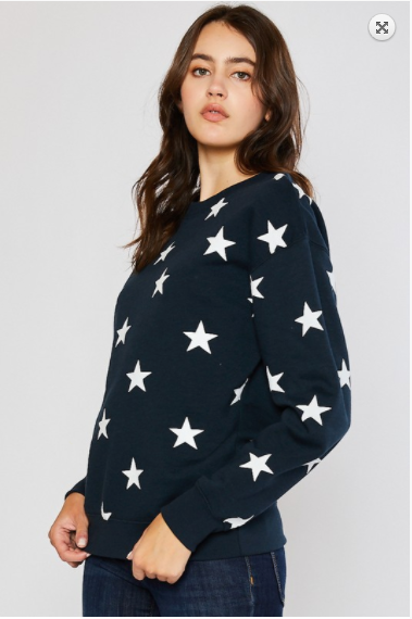 SALE! BRUSHED  ALL-OVER STAR PRINTING PULLOVER SWEATSHIRTS- Black