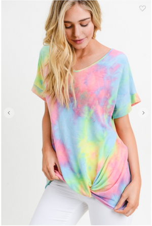 Sale! TIE DYE NEON TOP WITH A V NECKLINE, SHORT SLEEVES AND TWISTED HEM