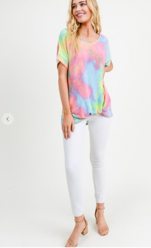 Sale! TIE DYE NEON TOP WITH A V NECKLINE, SHORT SLEEVES AND TWISTED HEM