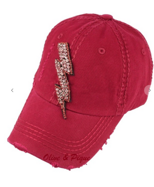 Rose rhinestone lighting bolt deco deconstructed baseball cap- Red