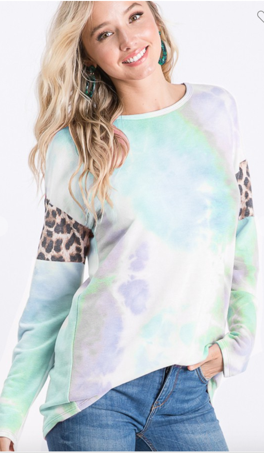 LONG SLEEVE ROUND NECK TIE DYE AND ANIMAL LEOPARD PRINT CONTRAST TOP