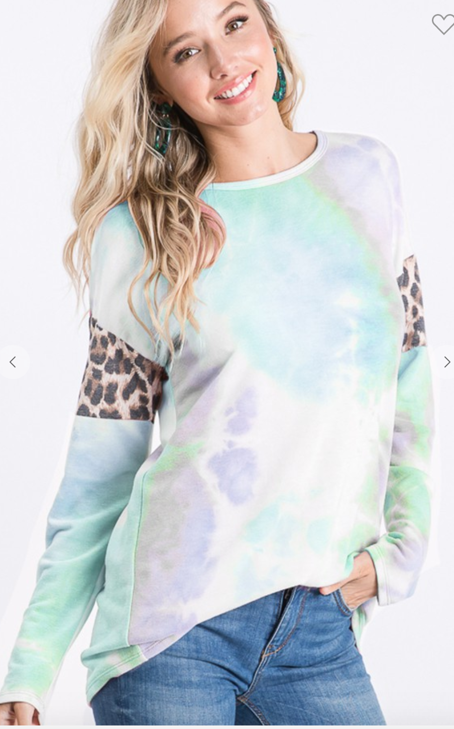 LONG SLEEVE ROUND NECK TIE DYE AND ANIMAL LEOPARD PRINT CONTRAST TOP