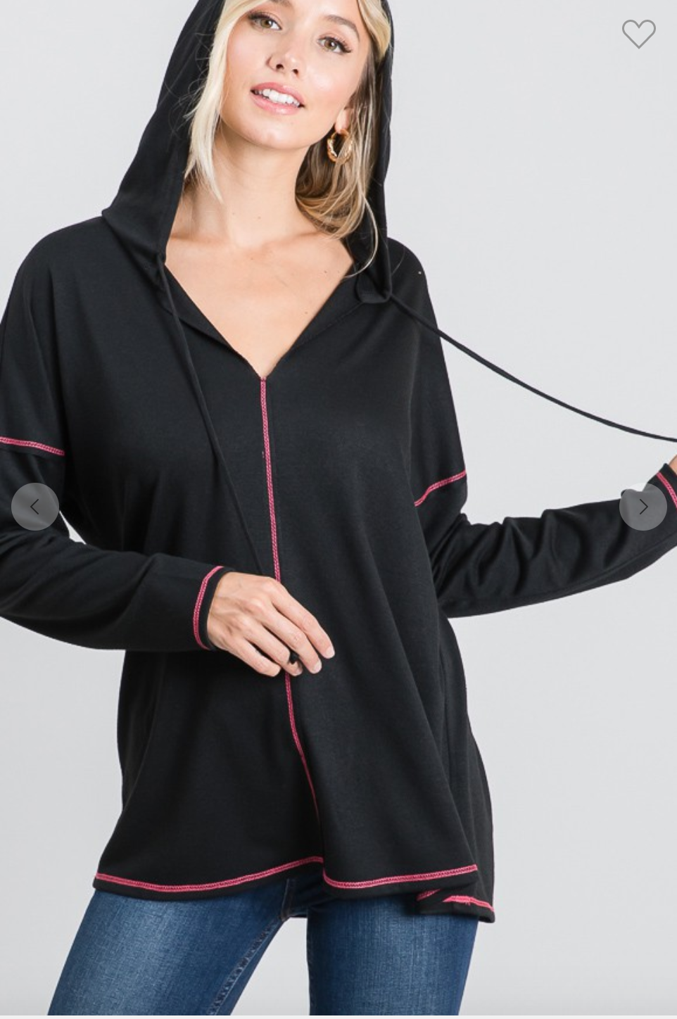 LONG SLEEVE V NECK SOLID HOODED TOP WITH STITCH DETAIL