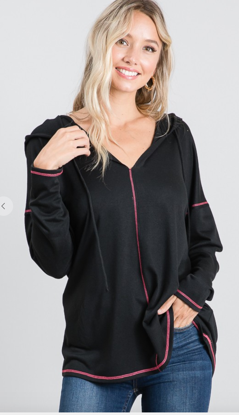 LONG SLEEVE V NECK SOLID HOODED TOP WITH STITCH DETAIL