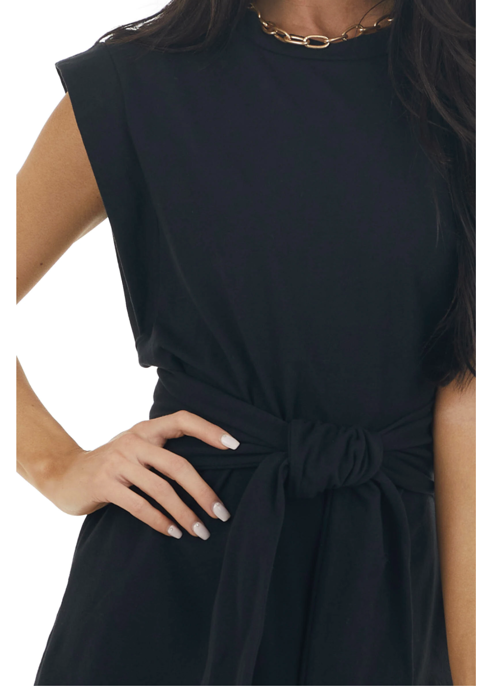 Black Cap Sleeves Short Dress With Front Tie Detail