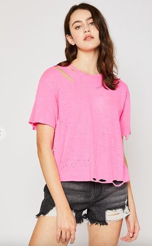 Distressed T- Neon Pink