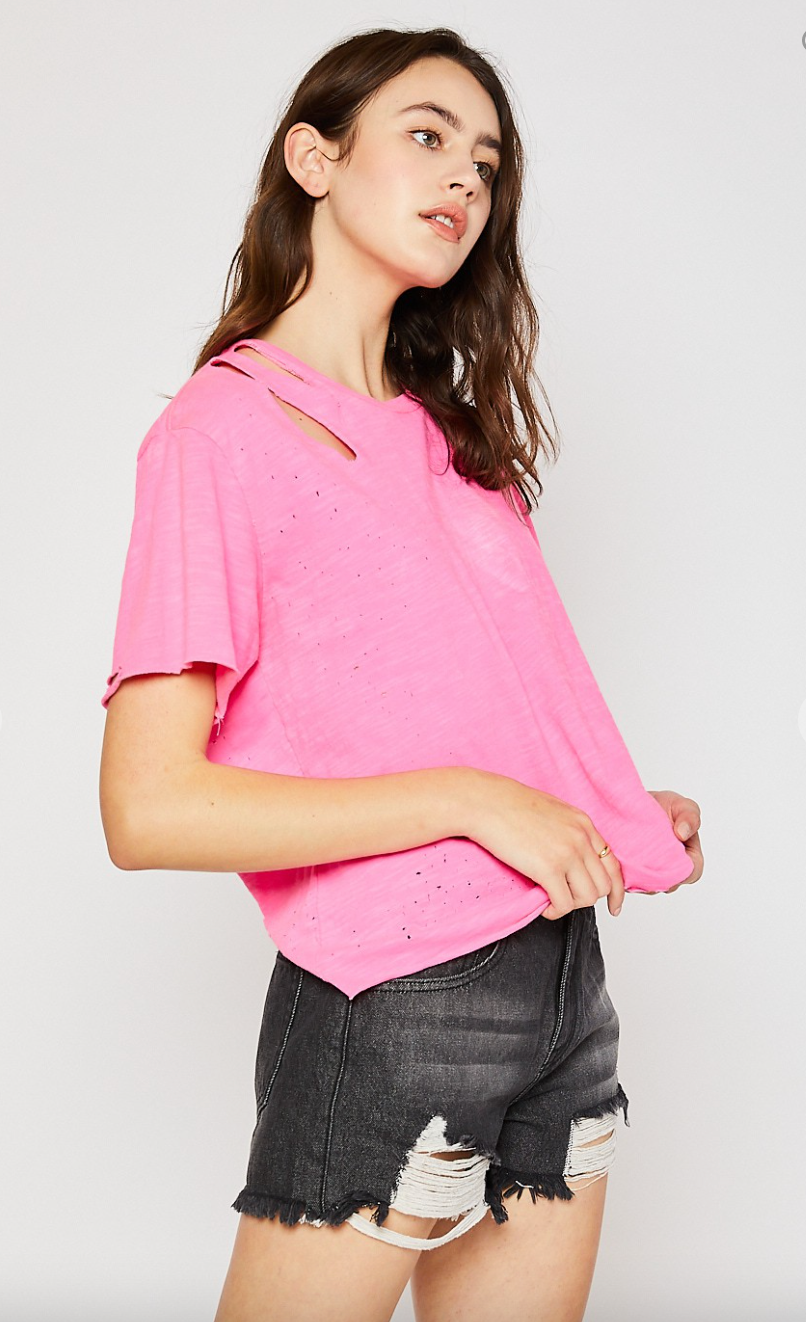 Distressed T- Neon Pink