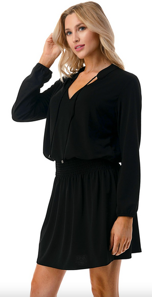 SMOCKING DETAIL DRESS- Black